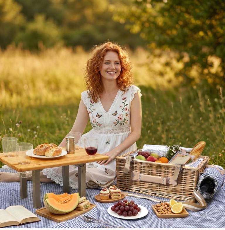 Picnic, camping table, basket, cool bag and cutlery and blanket NEW.