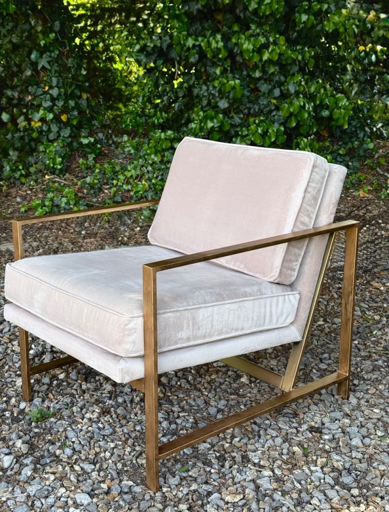 West Elm Pink velvet arm chair - brass frame gold - mid century style