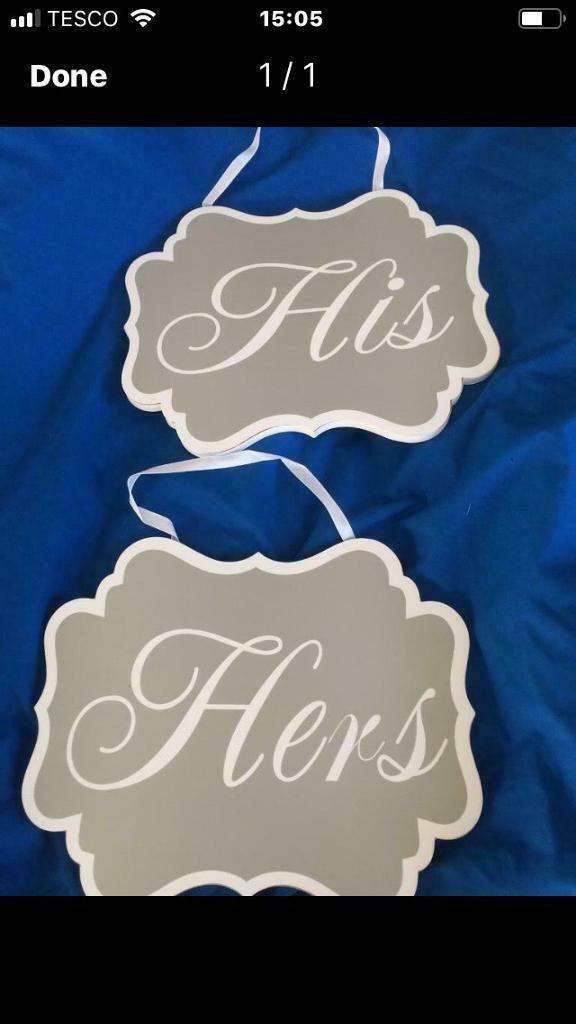 Bride & groom plaque sign £2-, his/her plaques set £2, wedding 