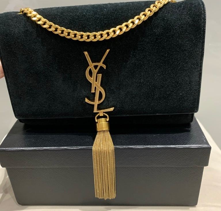 SAINT LAURENT YSL Black medium Kate tassel shoulder bag/handbag in black suede with gold hardware