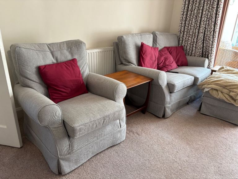 Grey Fabric 2 x2 seater Sofas, Armchair, and Footstool Set – Good Condition