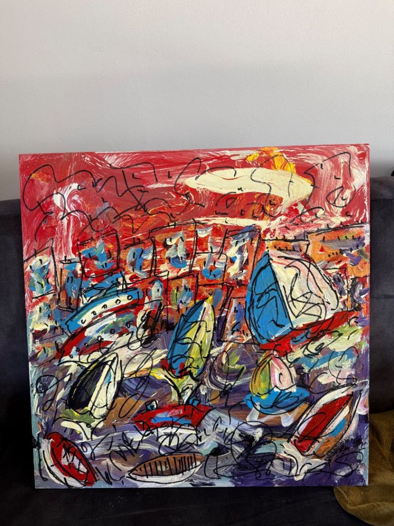 Abstract Painting on Board – Vibrant Colours, Good Condition