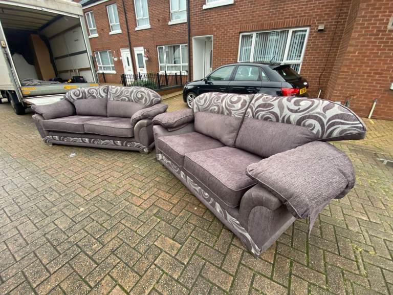 Modern 3 and 2 seater sofa in a tan fabric   Only £225