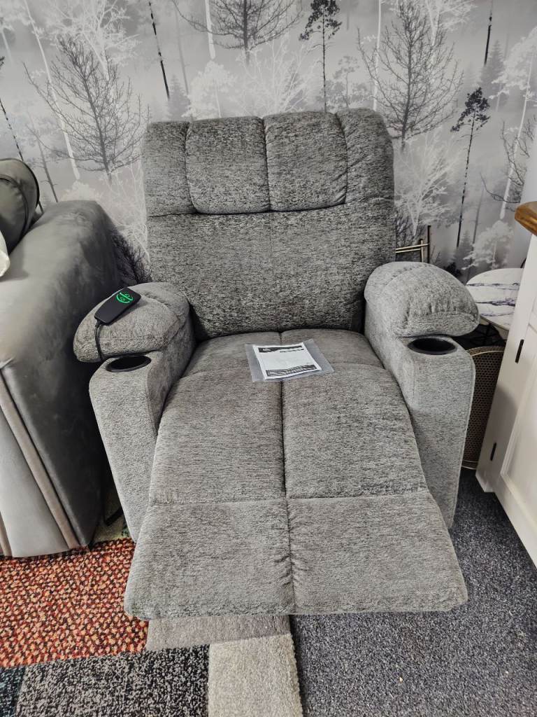 Grey Recliner Armchair with Cupholders and Remote