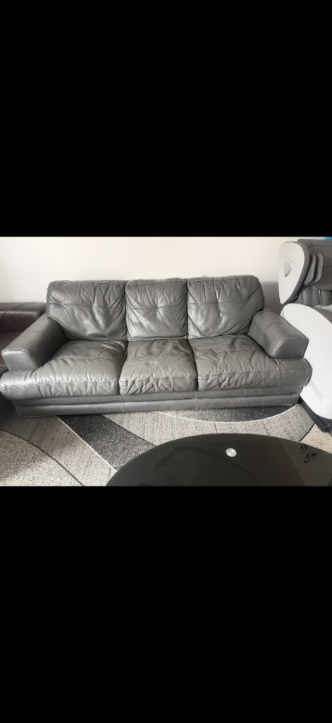 Grey Leather Three-Seater Sofa - Fair Condition