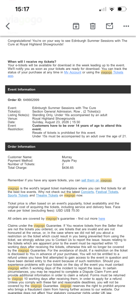The Cure Tickets Edinburgh Summer Sessions 