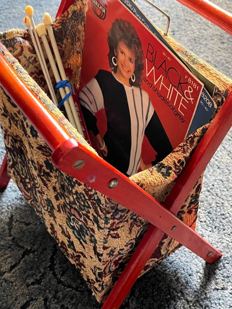 Vintage 1960s Wooden Folding Knitting Bag - Floral Tapestry Craft Storage Basket