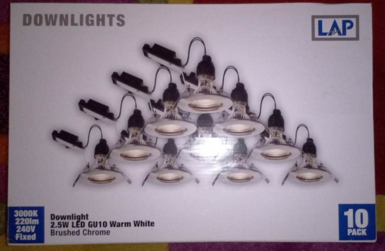 BOX OF 10 LAP LED DOWNLIGHTS 2.5W. NEW, UNUSED. BRUSHED CHROME FINISH.