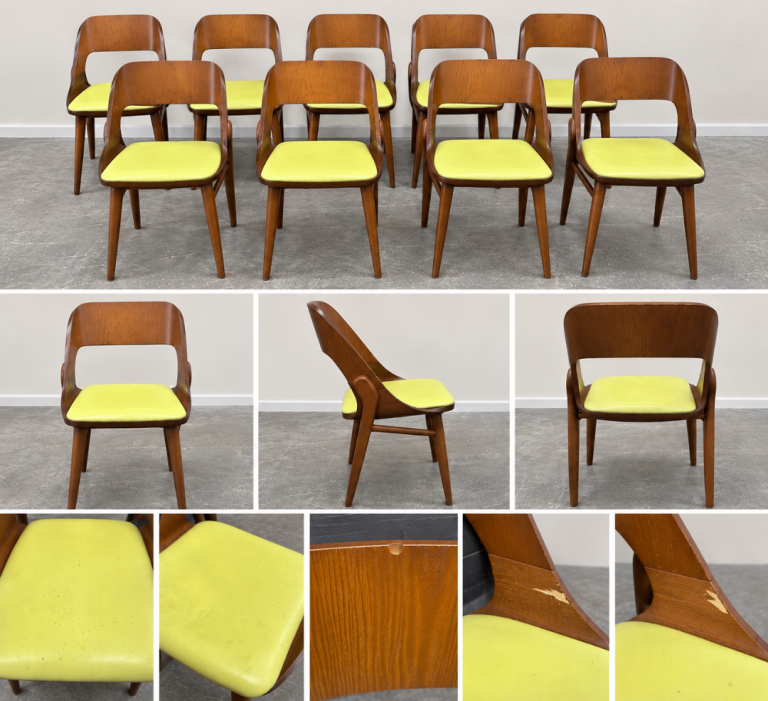 Set of 9 Vintage Mid-Century Wooden Dining Chairs – Retro Design