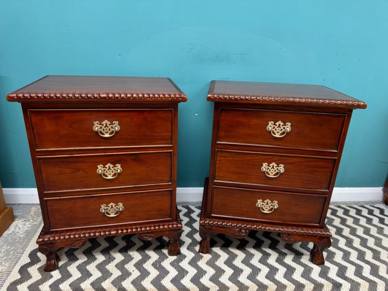 Rich Mahogany Pair of Chippendale style BedSide Table’s with Brass Handles
