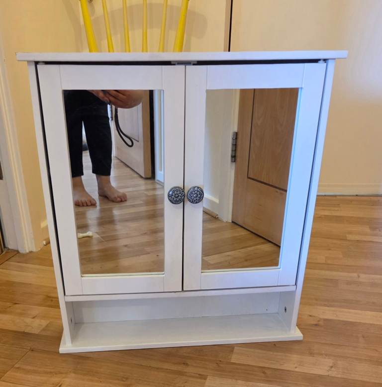 White Bathroom Cabinet with Mirrored Doors and Shelf