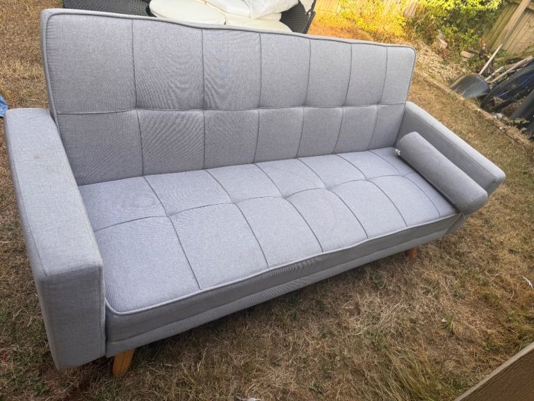 Grey Fabric Sofa Bed with Wooden Legs – Good Condition