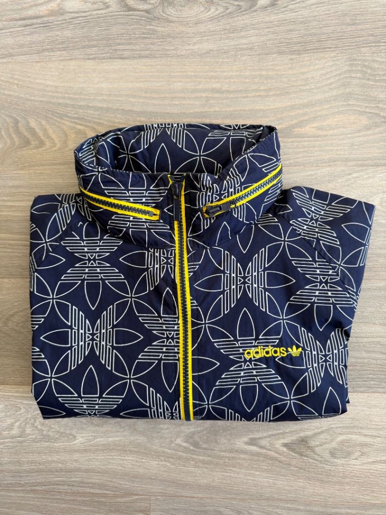 Adidas Originals Trefoil All Over Print Windbreaker Jacket Navy Yellow Zip