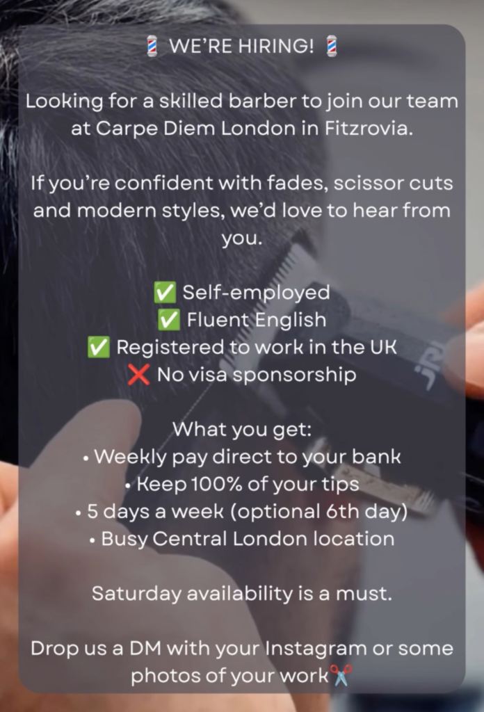 Experienced Barber Wanted – Central London (Fitzrovia