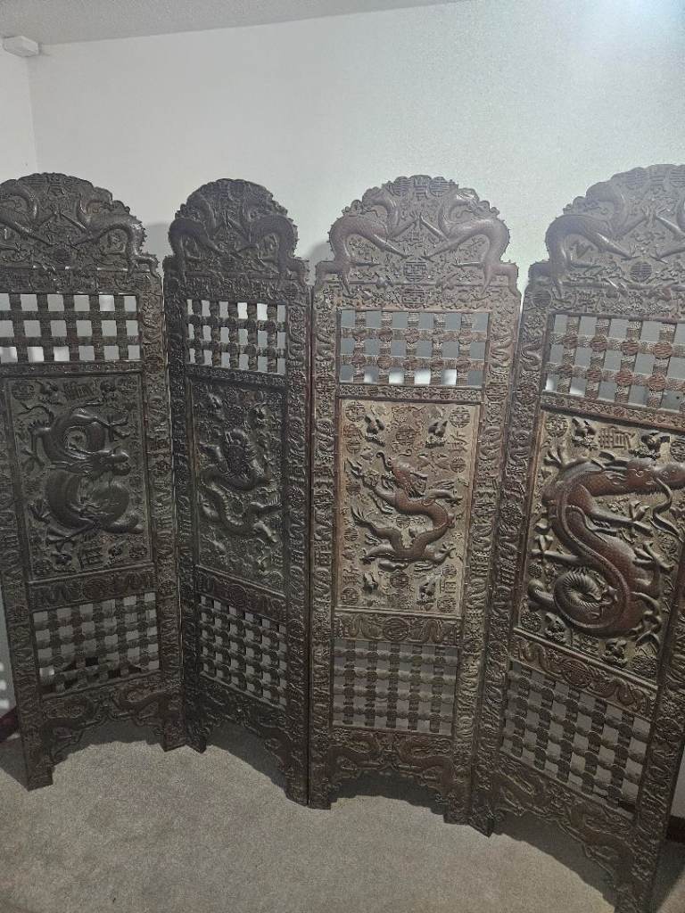 Antique Carved Folding Screen Hardwood Dragons/ Serpents /Chinese/ Asian Rare