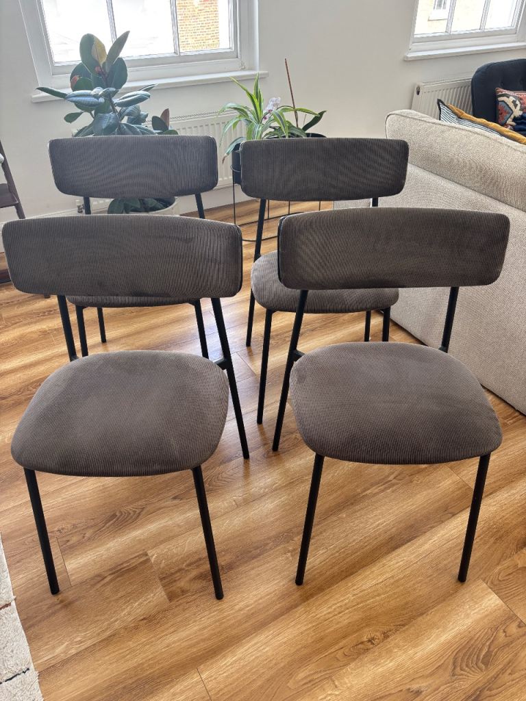 4 dining chairs from John Lewis in dark grey corduroy velvet.