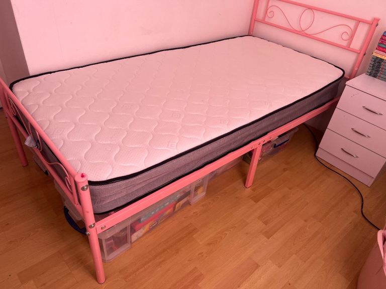 Pink Metal Single Bed Frame with Mattress – Good Condition
