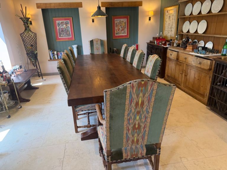 Large Wooden Dining Table with 10 Upholstered Chairs