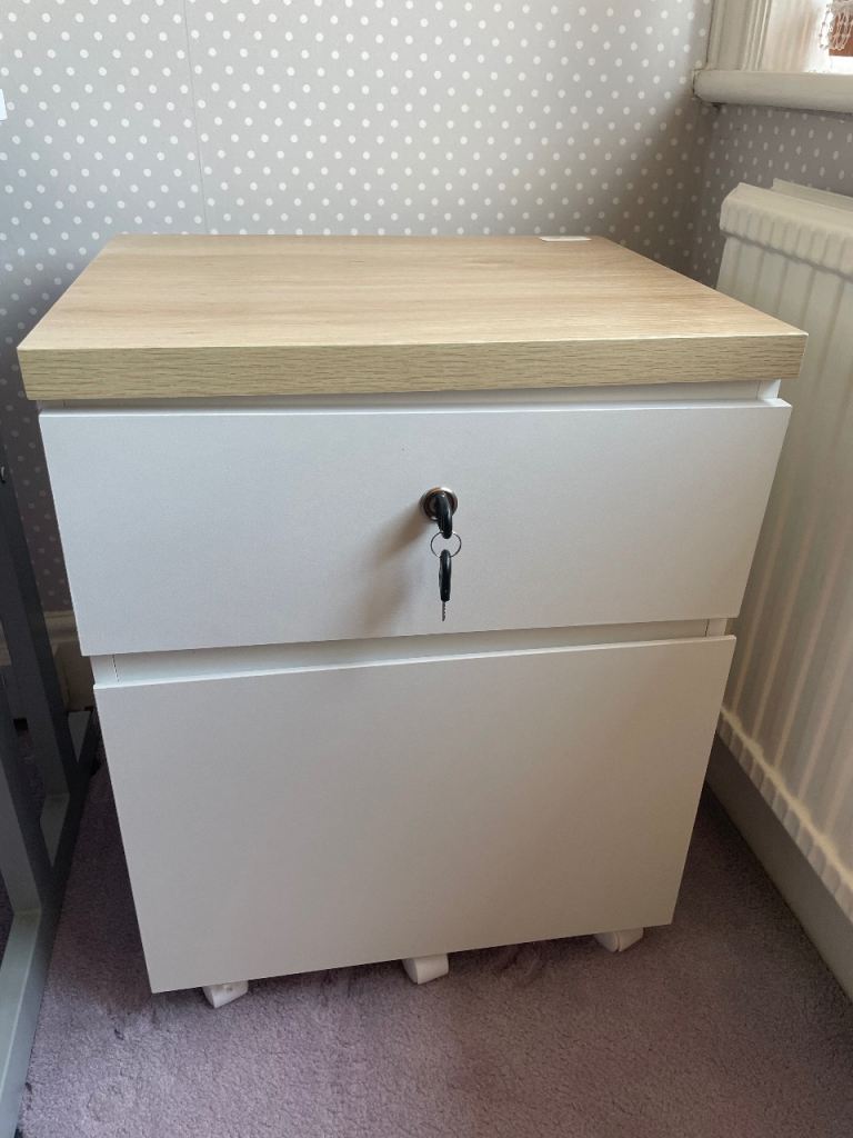 White and wood filing cabinet 