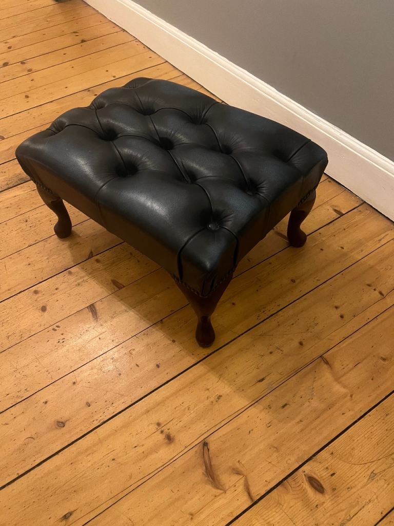 Chesterfield petrol blue leather footstool 