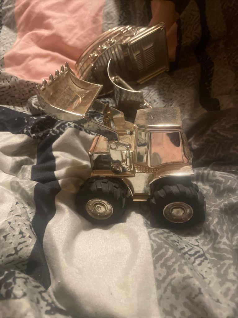 Christening silver tractor money box 