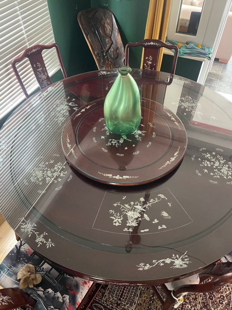 Vintage  Asian rosewood mother of pearl dining table and 8 chairs. 5 ft ( 1.5m