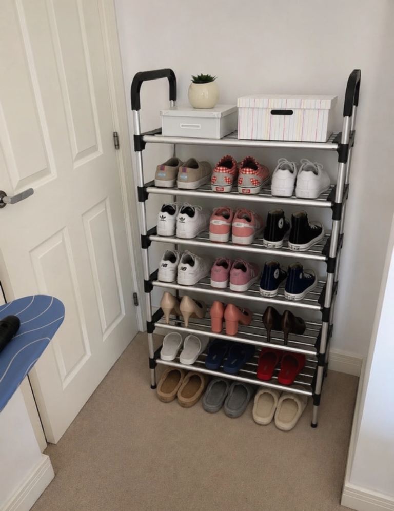Silver Metal Shoe Rack with 6 Tiers – Good Condition