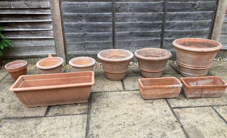 Group of 5 Clay Pots and 3 Window/Garden boxes