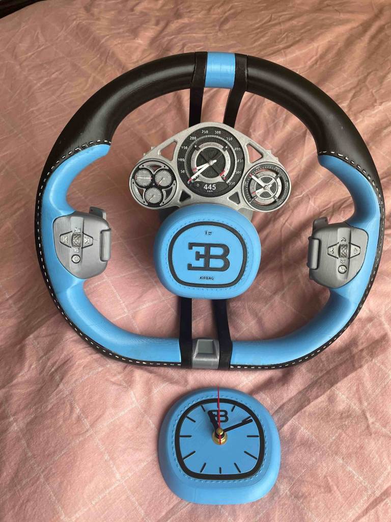 bugatti tourbilon 3d printed wall clock full size steering wheel,great for mancave