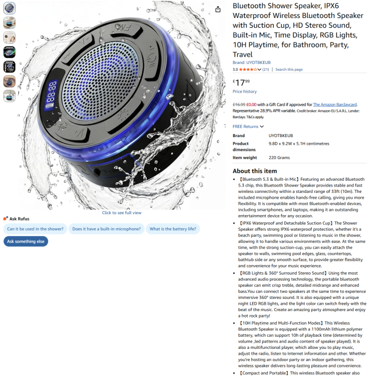 Waterproof Bluetooth Shower Speaker (New/Boxed) - Half price