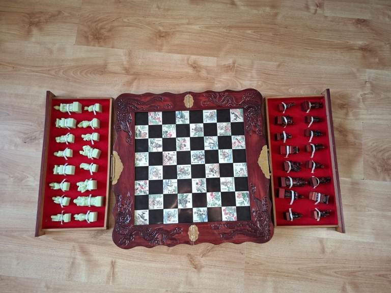 Unique Chess Set with Carved Wooden Board and Figurine Pieces