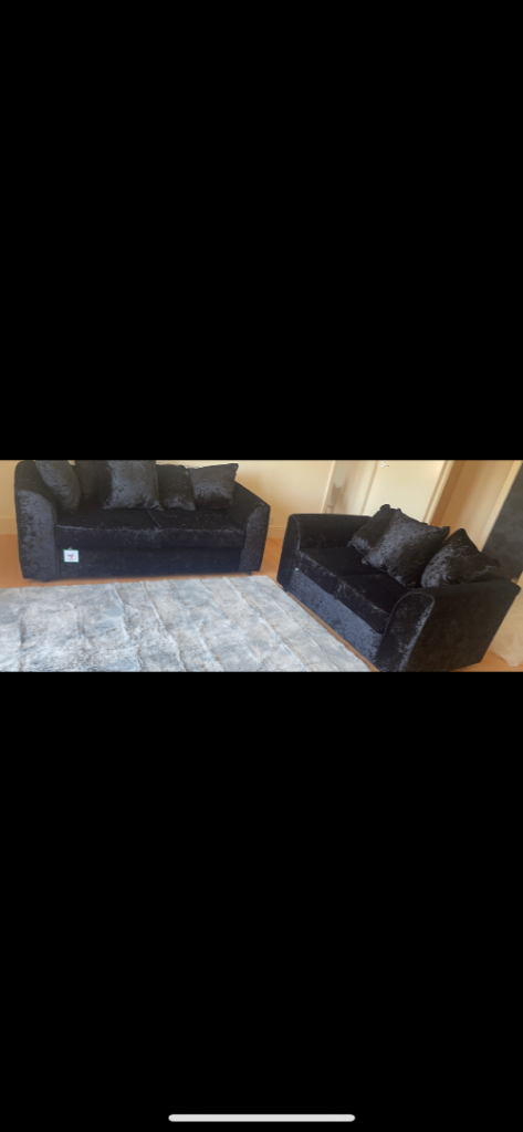 3 seater and 2 seater black crushed velvet sofas
