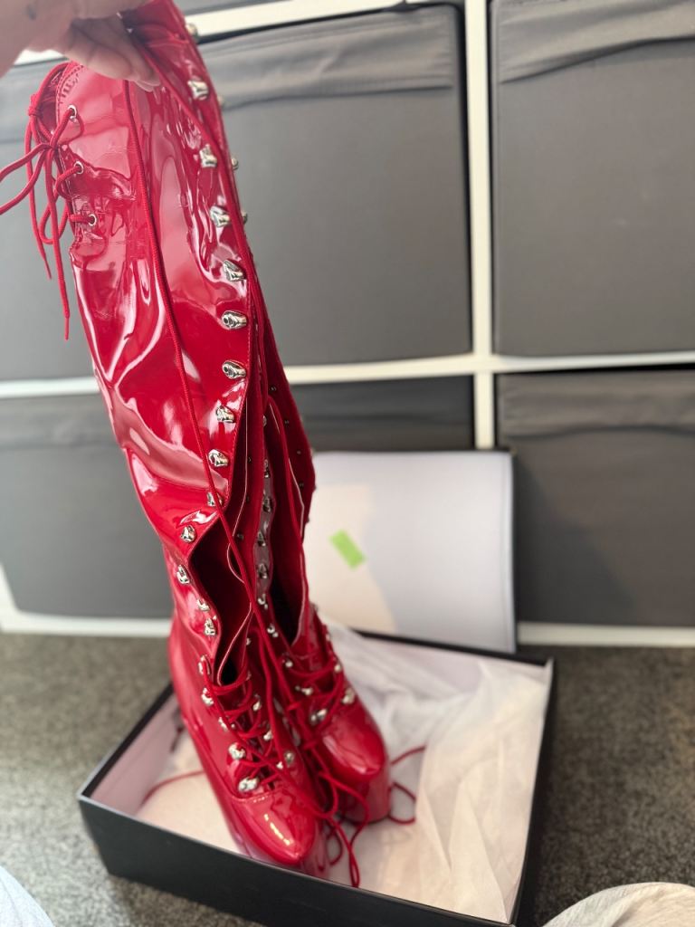 Pleaser Red Patent Lace-Up Knee-High Boots - As New