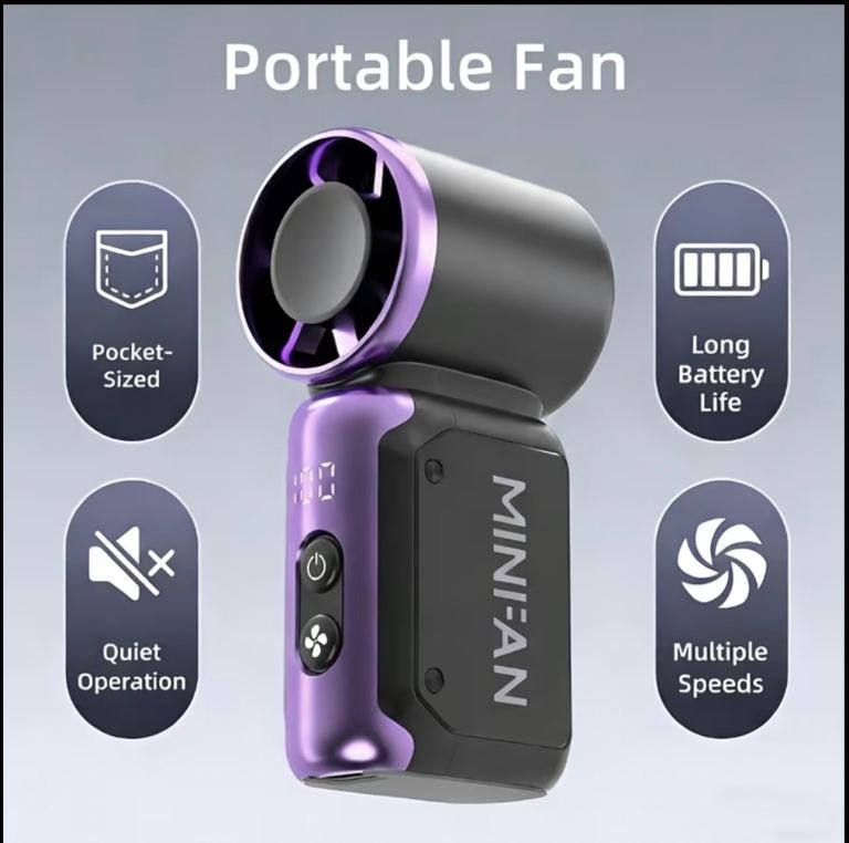 MINIFAN Portable Handheld Fan – Purple, black, white.New