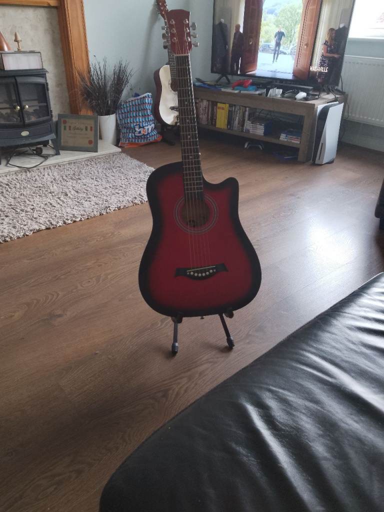 Red Acoustic Guitar  with stand – Good Condition