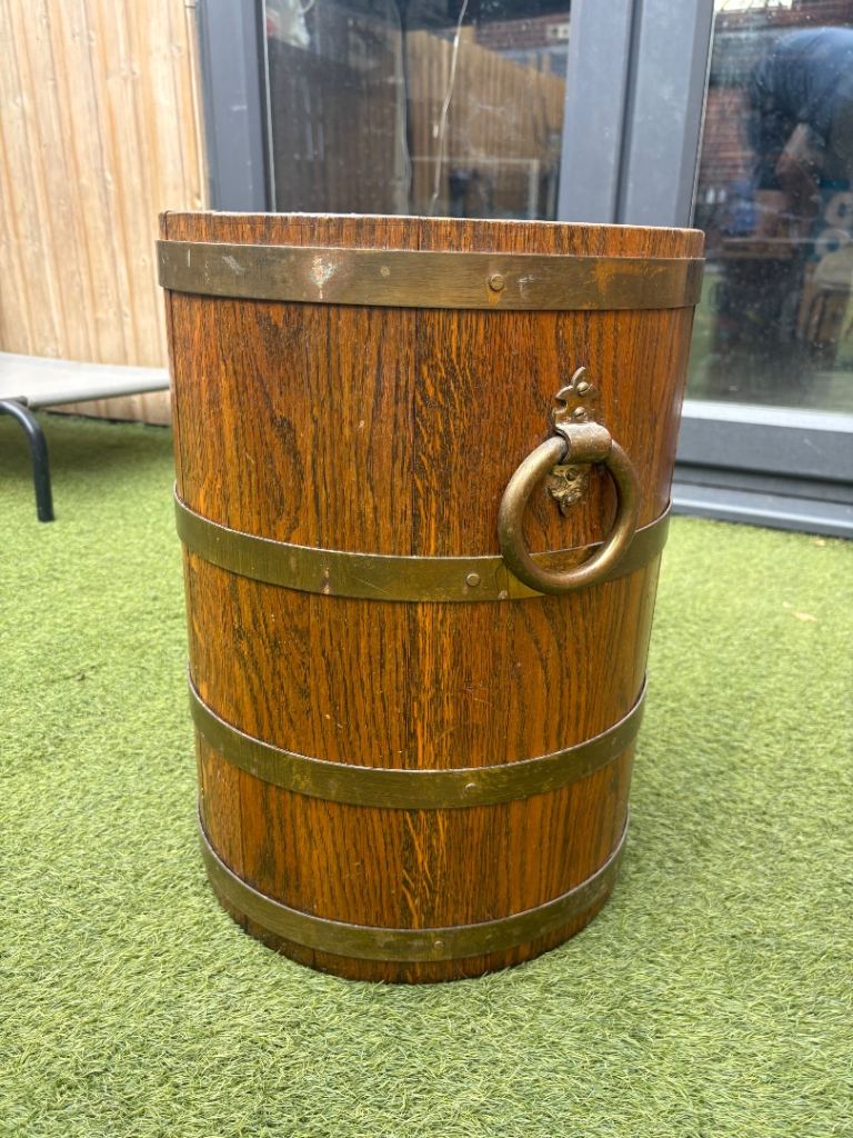 Wooden Barrel Planter with Brass Bands – Good Condition