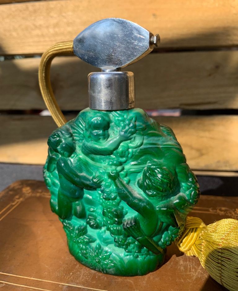 Rare Antique Art Deco Malachite Glass Putti Perfume Scent Bottle
