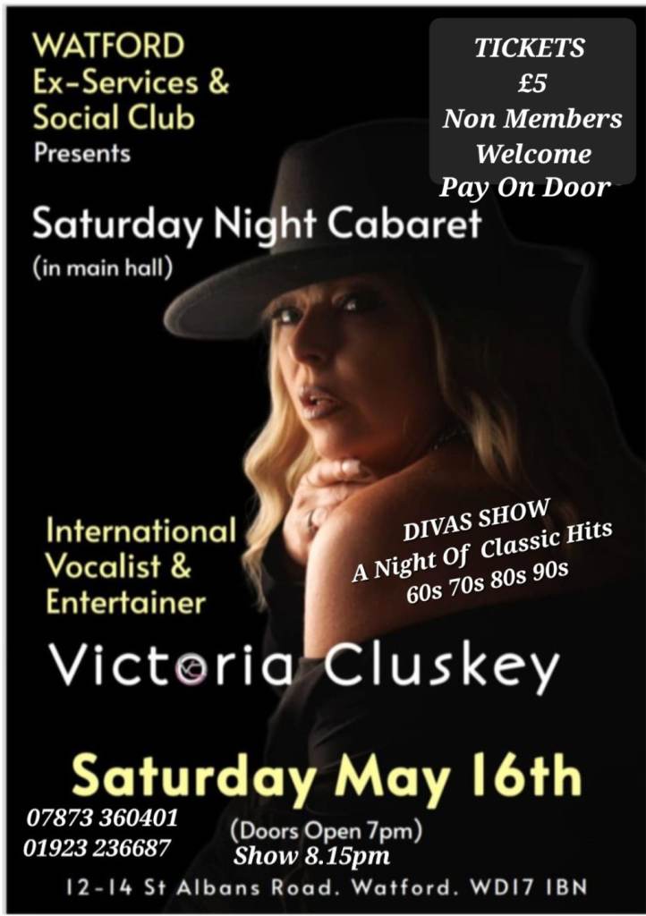 International  chart Vocalist Victoria Cluskey , Divas Show,  May 16th, Watford, £5 