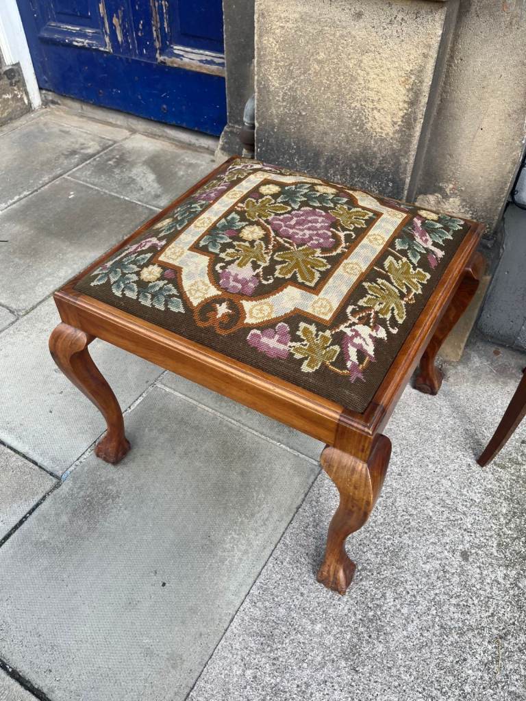 Vintage Wooden Footstool with Embroidered Top – Good Condition