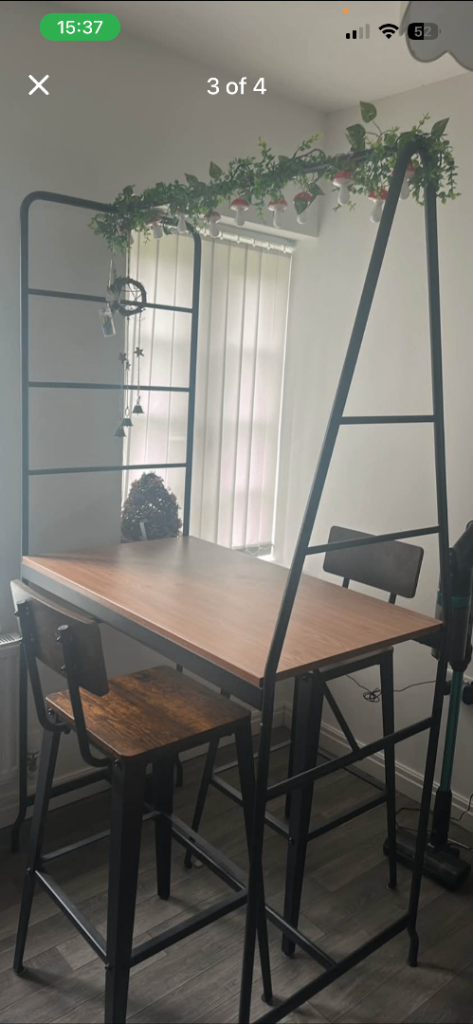 Metal Bar Table with Two Stools and High Shelf Unit
