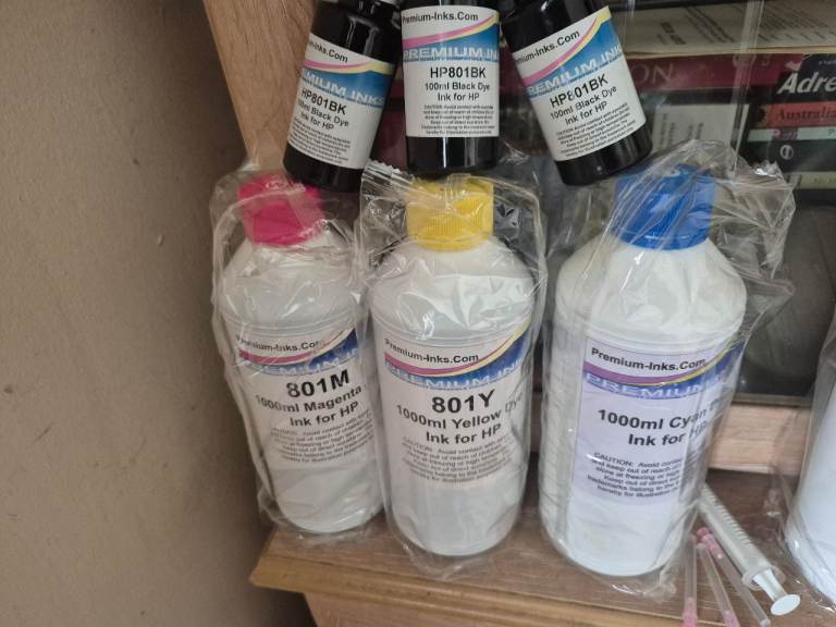 Hp printer inks 1000ml x3 Yellow ,Cyan, Magenta + x3 100ml black Dye 
