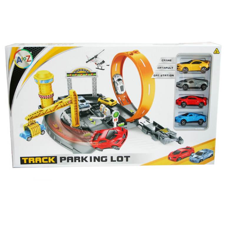 RACE TRACK 360° LOOP RING STUNT TRACK 4 RACING CARS CRANE STATION PETROL PUMP