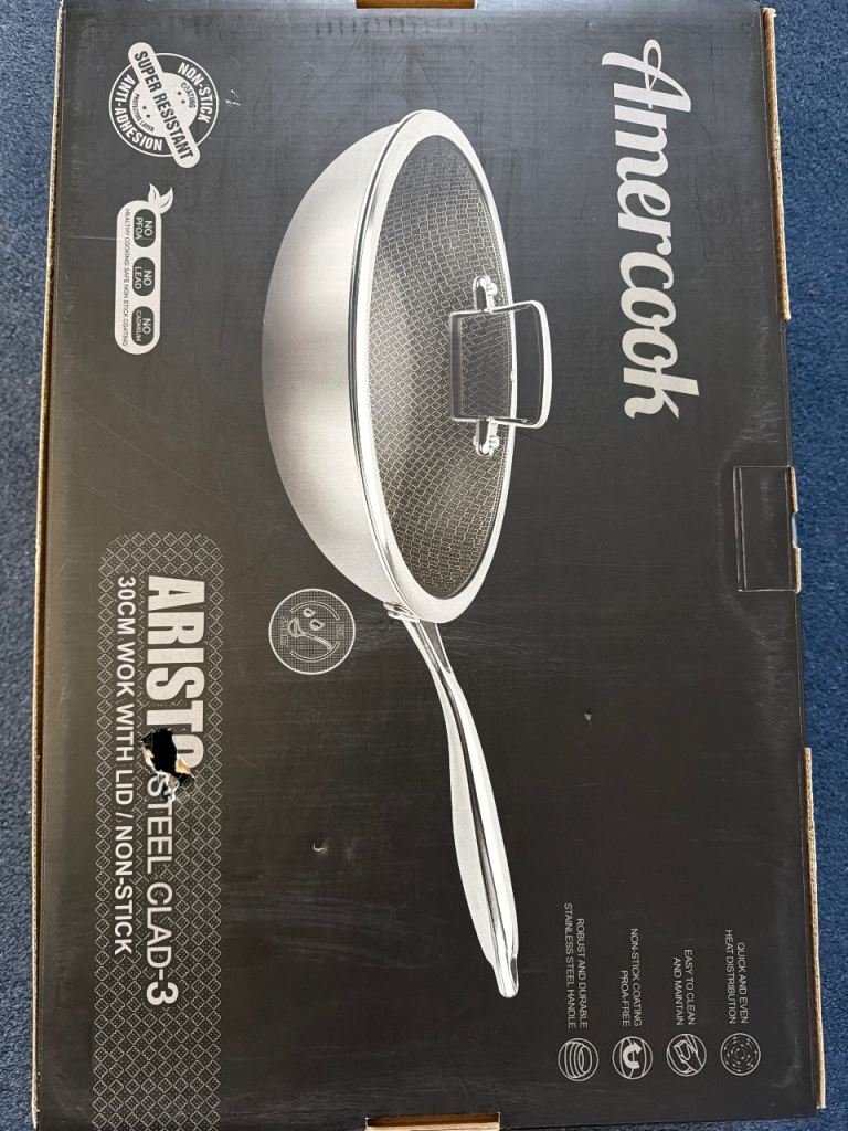 NEW Amercook Aristo 30cm Steel Clad-3 Non-Stick Wok with Lid