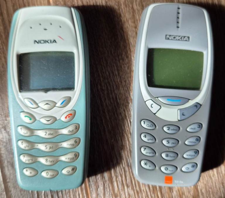 Two Classic Nokia 3310 Phones - Silver & Light Blue