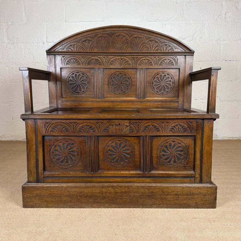 Antique Settle Hall Bench Oak High Back Carved With Under-Seat Storage