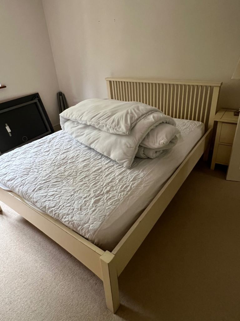 Cream Single Bed Frame with Slatted Headboard and Matching Bedside Table