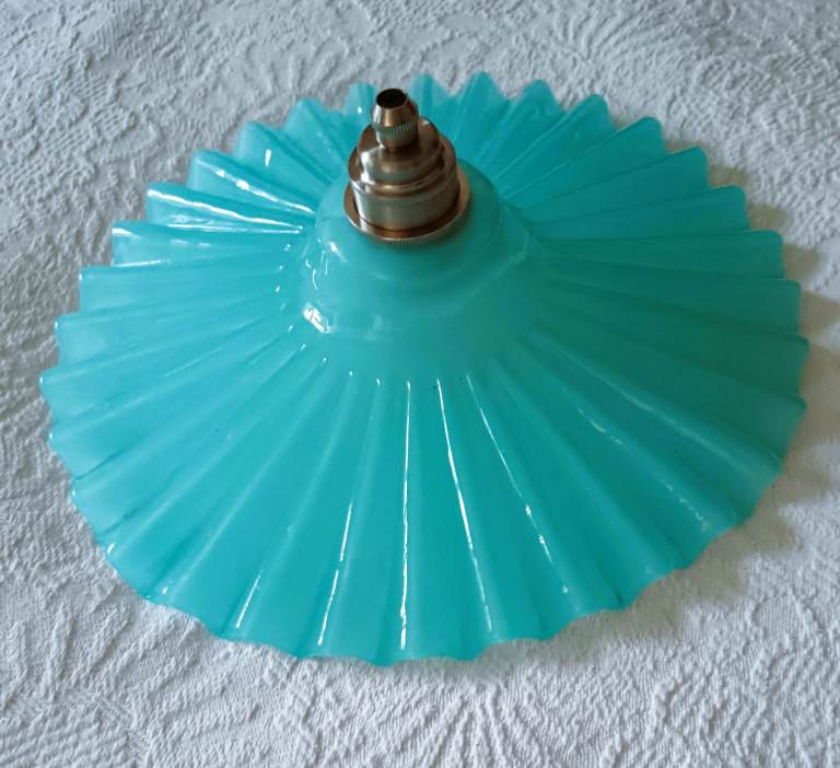 Art Deco 1930 Glass Light Turquoise Pendant Fan Chrome Fitting Flaw In Glass Large: W:12.5 H:5 Inch