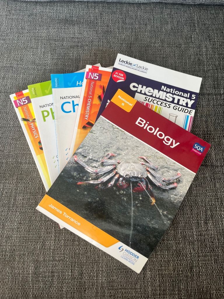 National 5 Chemistry, Biology, Physics Study Books