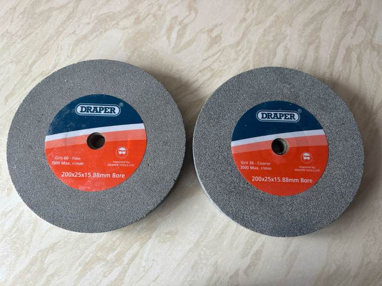 A pair of new 8 inch (200mm) Draper grinding wheels