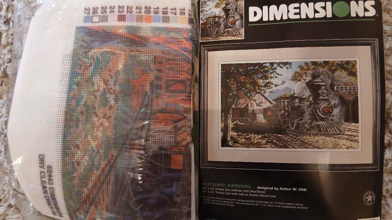 Dimensions needlepoint kit "Autumn Arrival" (Kit #2443), steam engine design by Arthur W. Olds.